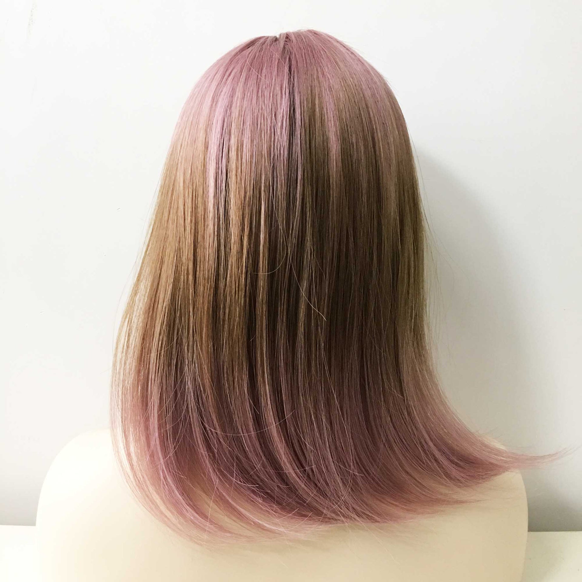 nevermindyrhead Women Dark Pink Ombre Brown Medium Length Straight Fringe Bangs Wig
