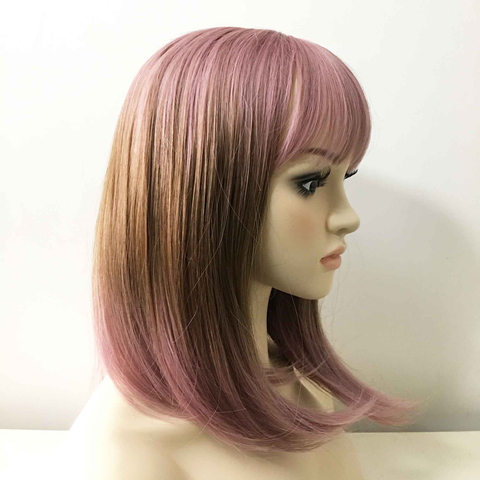 nevermindyrhead Women Dark Pink Ombre Brown Medium Length Straight Fringe Bangs Wig