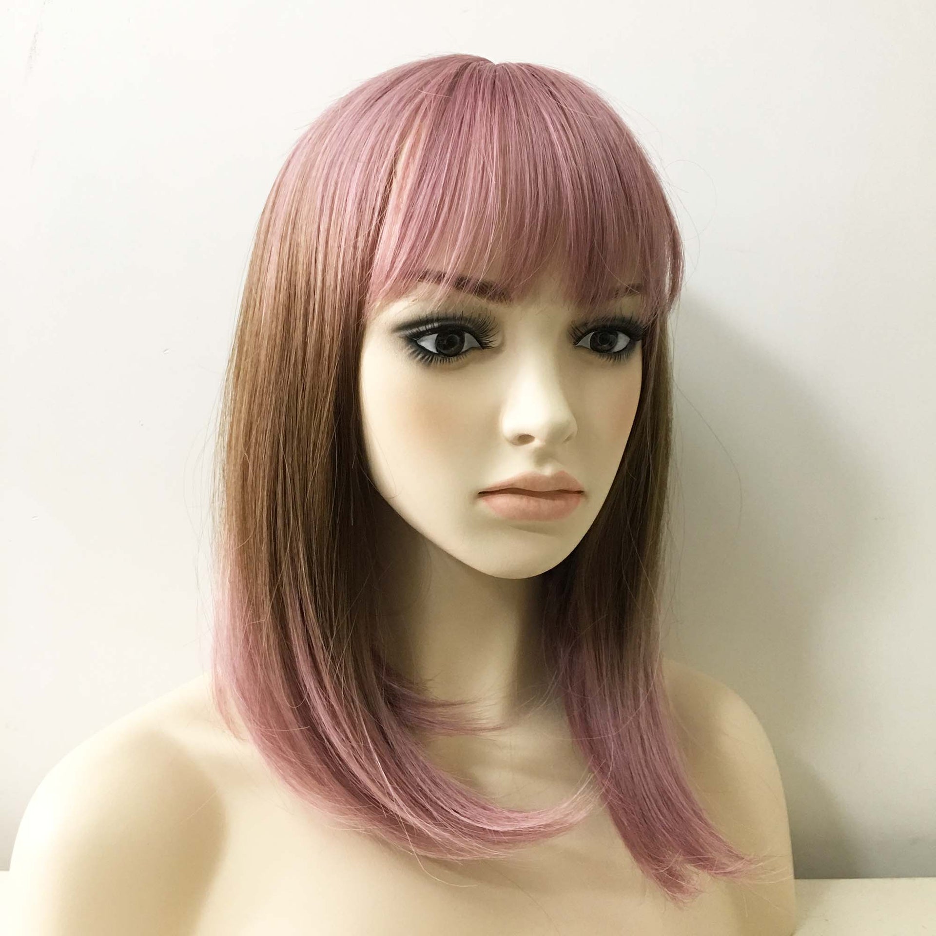 nevermindyrhead Women Dark Pink Ombre Brown Medium Length Straight Fringe Bangs Wig