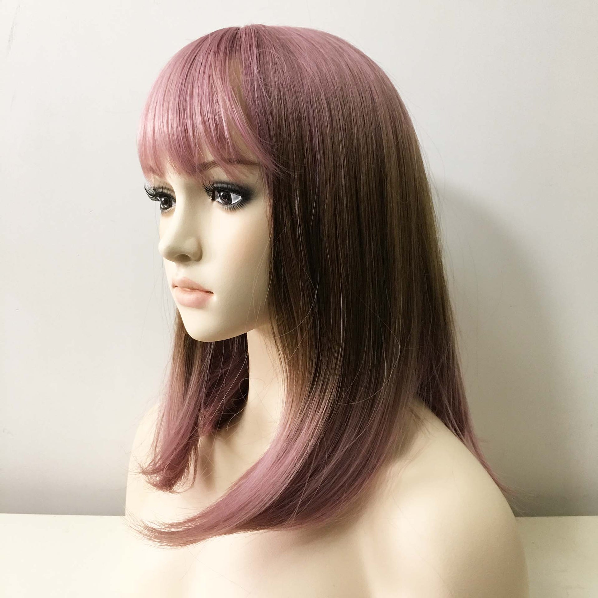 nevermindyrhead Women Dark Pink Ombre Brown Medium Length Straight Fringe Bangs Wig