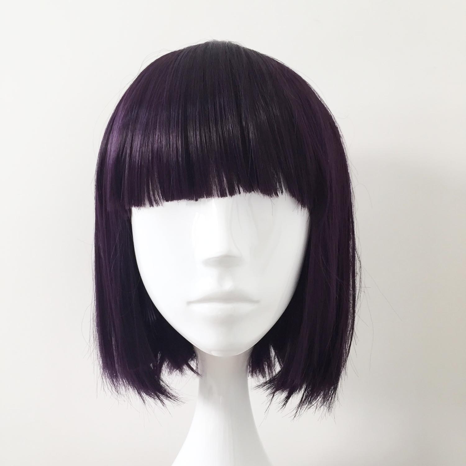 nevermindyrhead Women Dark Purple Short Straight Bob Blunt Bangs Wig