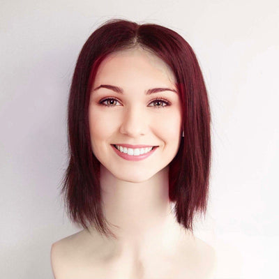 Women Dark Red Human Hair Lace Front Short Straight Middle Part Bob Wig