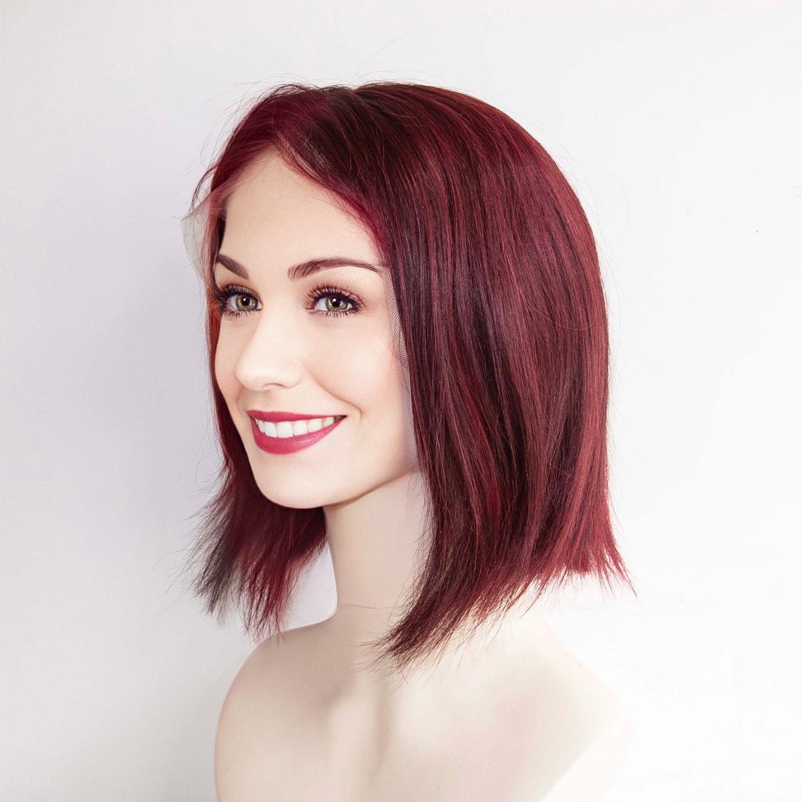 nevermindyrhead Women Dark Red Human Hair Lace Front Short Straight Middle Part Bob Wig