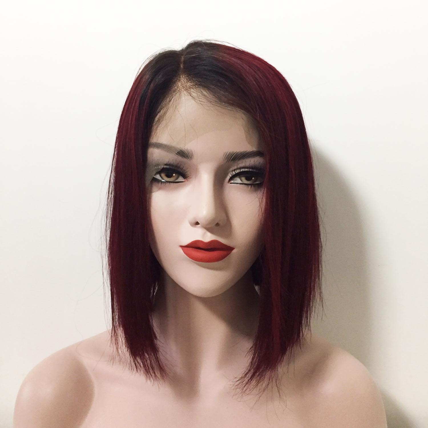 nevermindyrhead Women Dark Red Ombre Human Hair Lace Front Short Straight Wig
