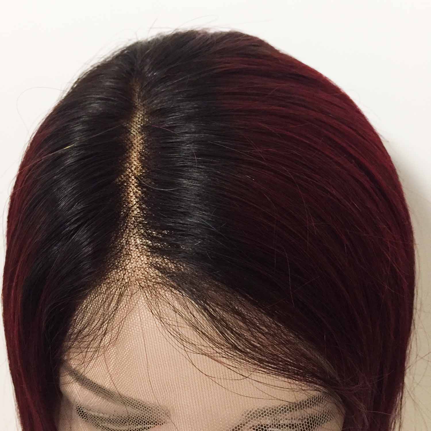 nevermindyrhead Women Dark Red Ombre Human Hair Lace Front Short Straight Wig