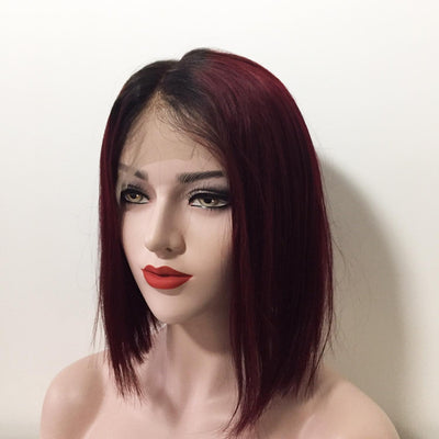Women Dark Red Ombre Human Hair Lace Front Medium Length Straight Wig
