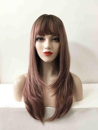 Women Dusty Pink Ombre Long Straight Fringe Bangs Layered Wig