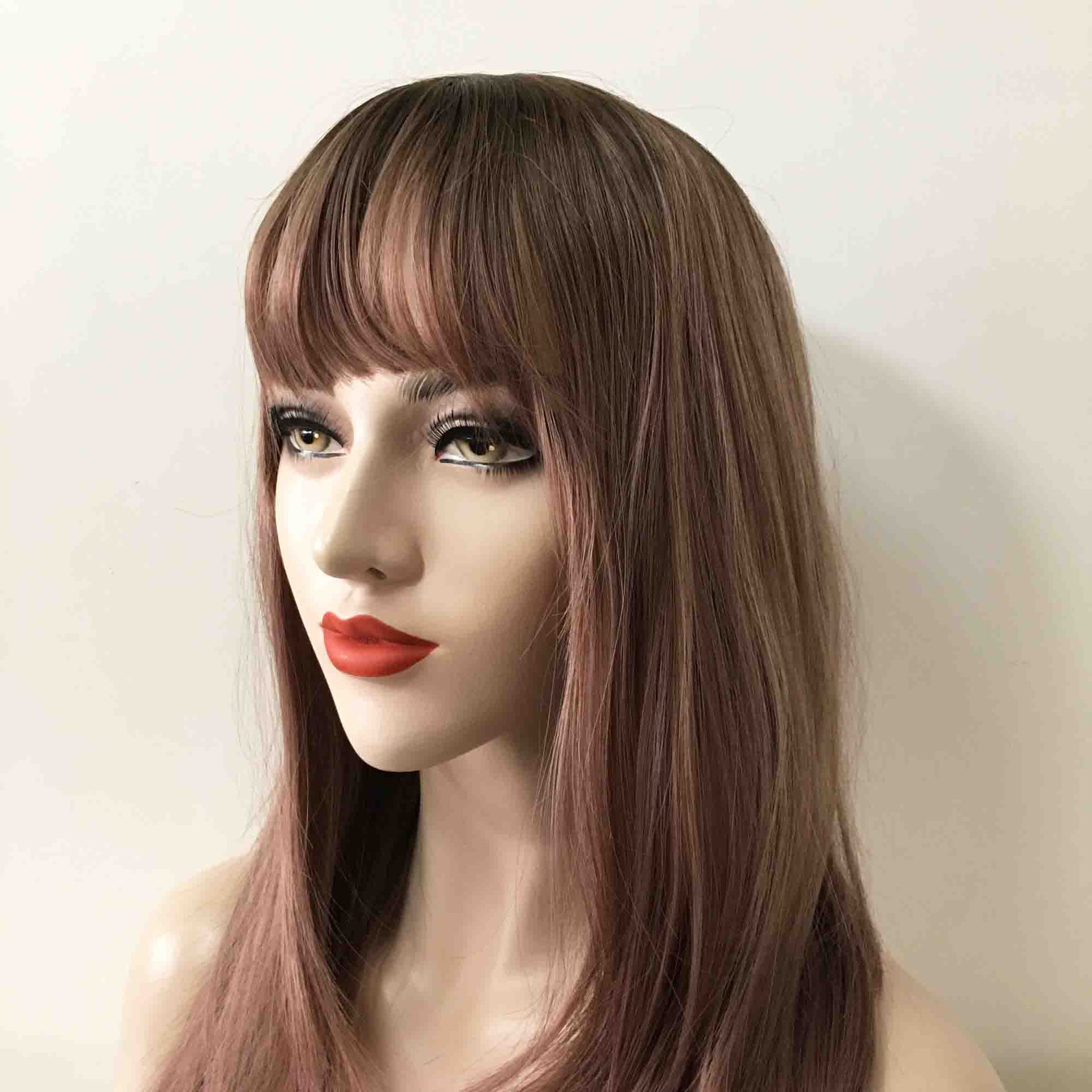 nevermindyrhead Women Dusty Pink Ombre Long Straight Fringe Bangs Layered Wig