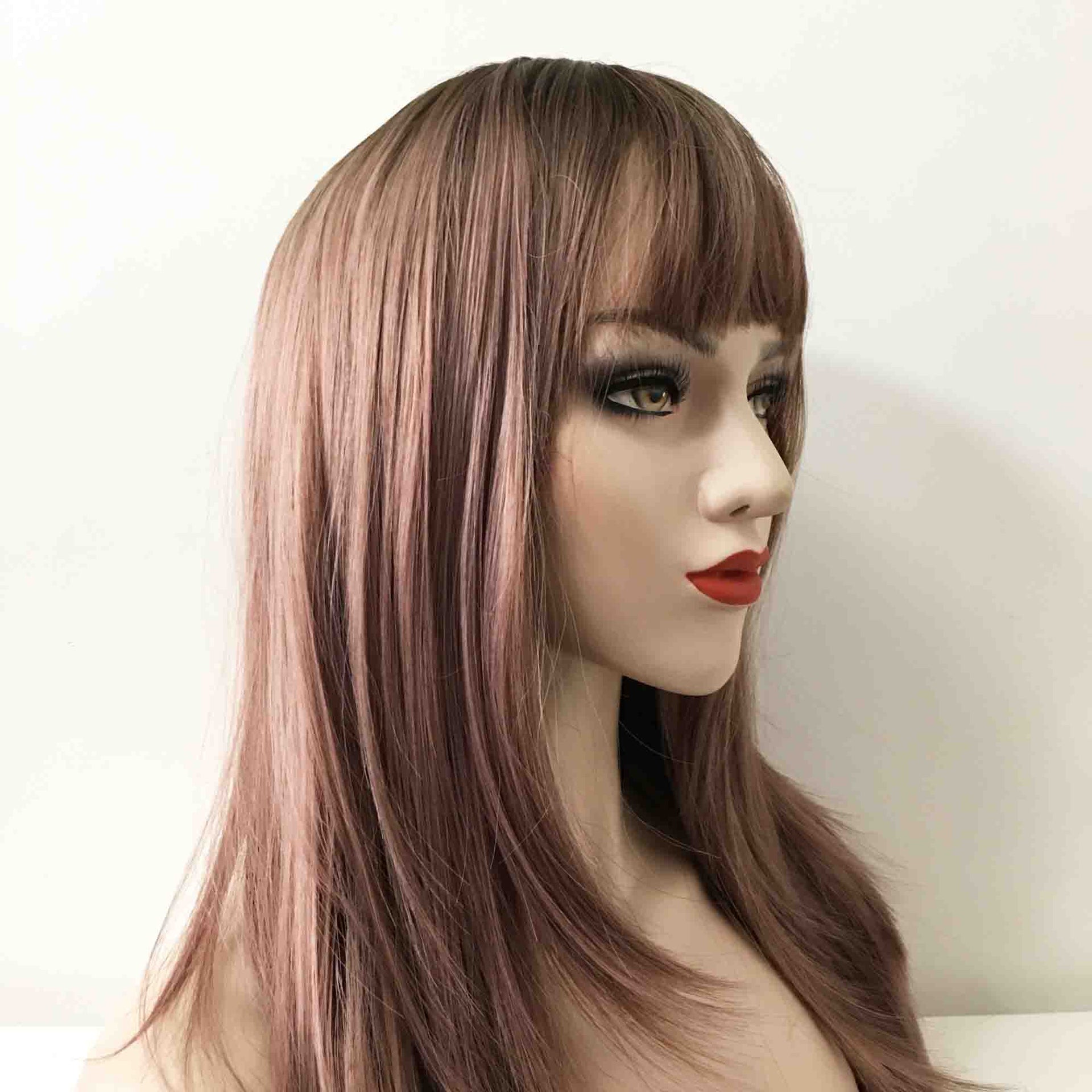 nevermindyrhead Women Dusty Pink Ombre Long Straight Fringe Bangs Layered Wig