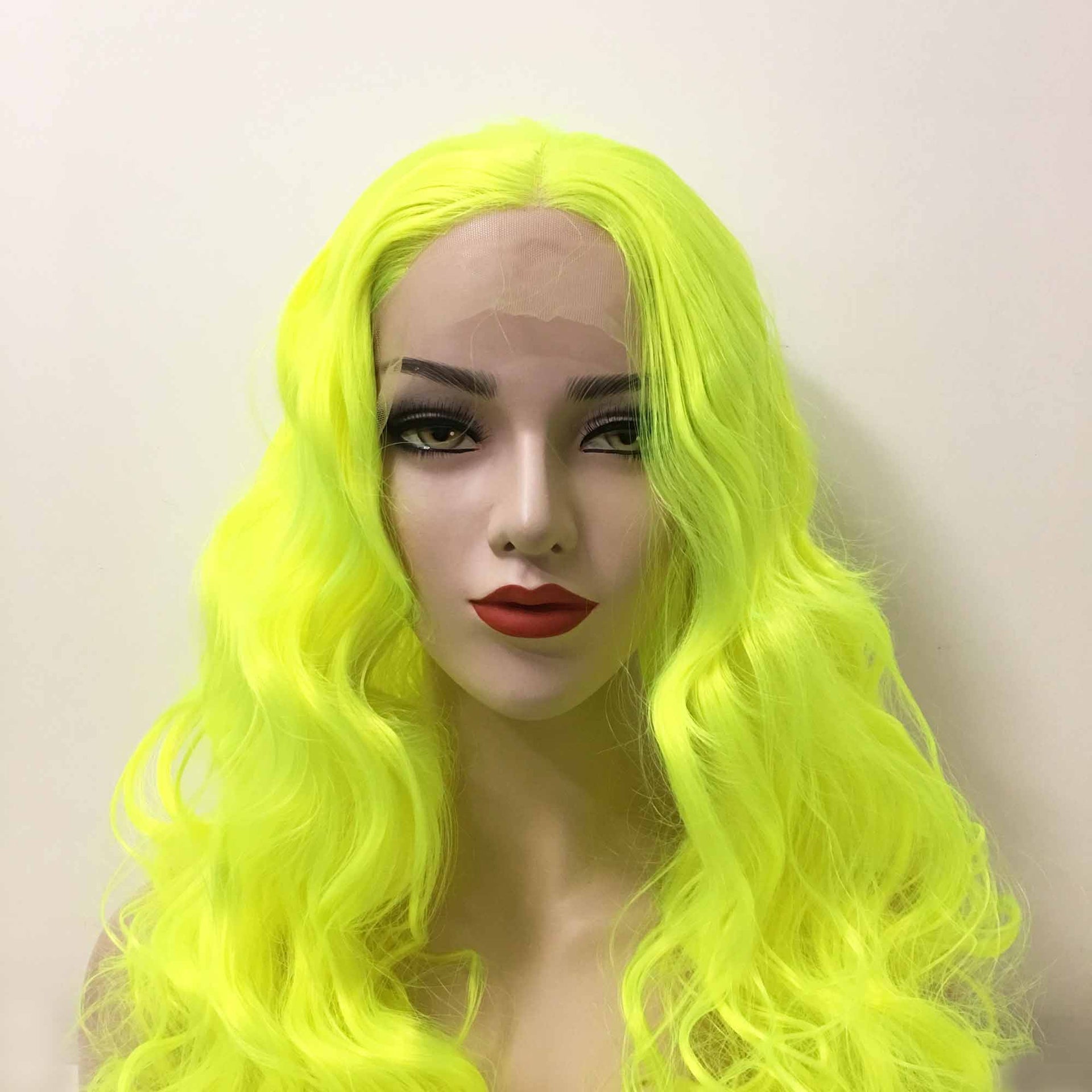 nevermindyrhead Women Fluorescent Yellow Lace Front Long Curly Middle Part Wig