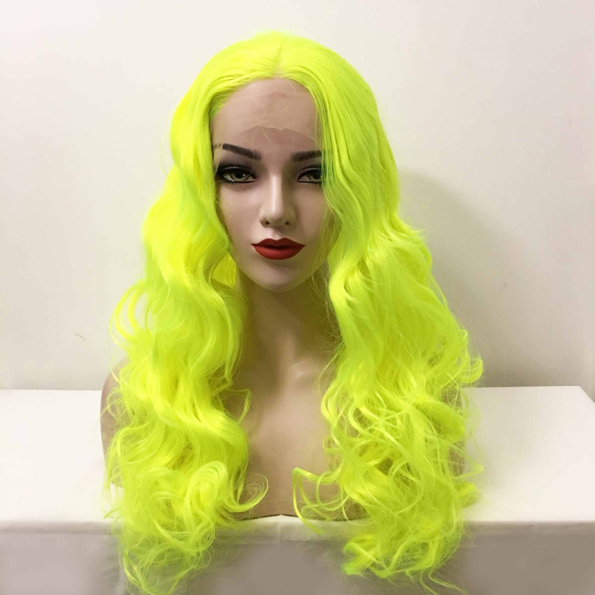 nevermindyrhead Women Fluorescent Yellow Lace Front Long Curly Middle Part Wig