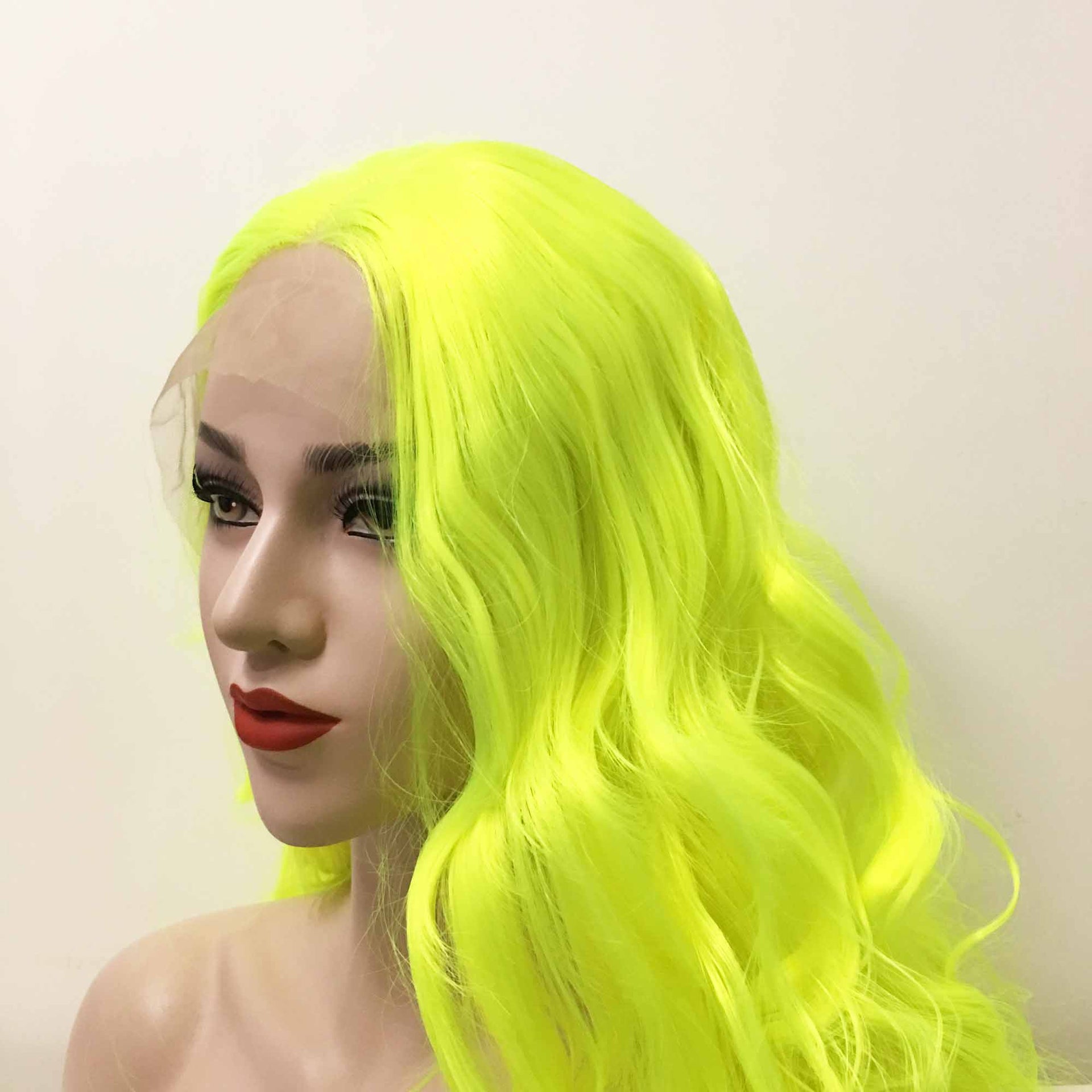 nevermindyrhead Women Fluorescent Yellow Lace Front Long Curly Middle Part Wig