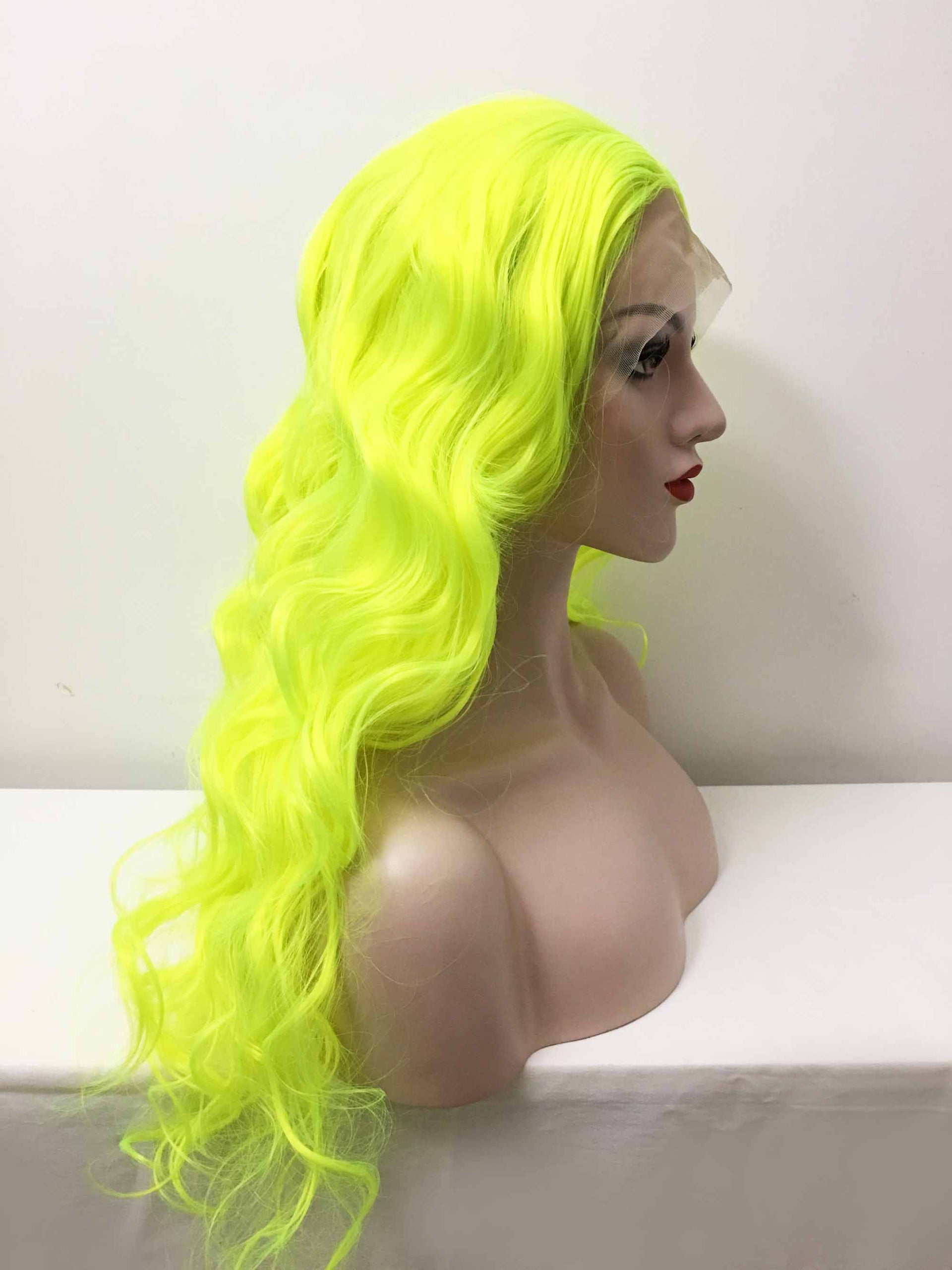 nevermindyrhead Women Fluorescent Yellow Lace Front Long Curly Middle Part Wig