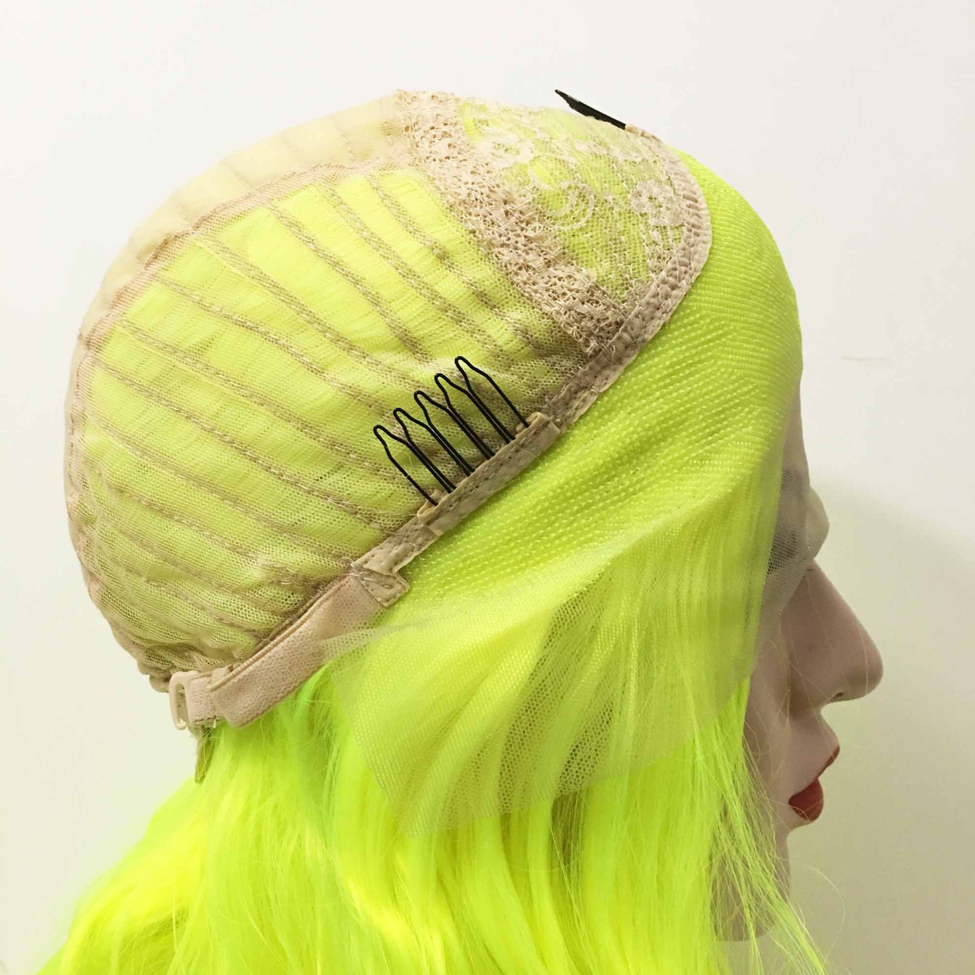 nevermindyrhead Women Fluorescent Yellow Lace Front Long Curly Middle Part Wig