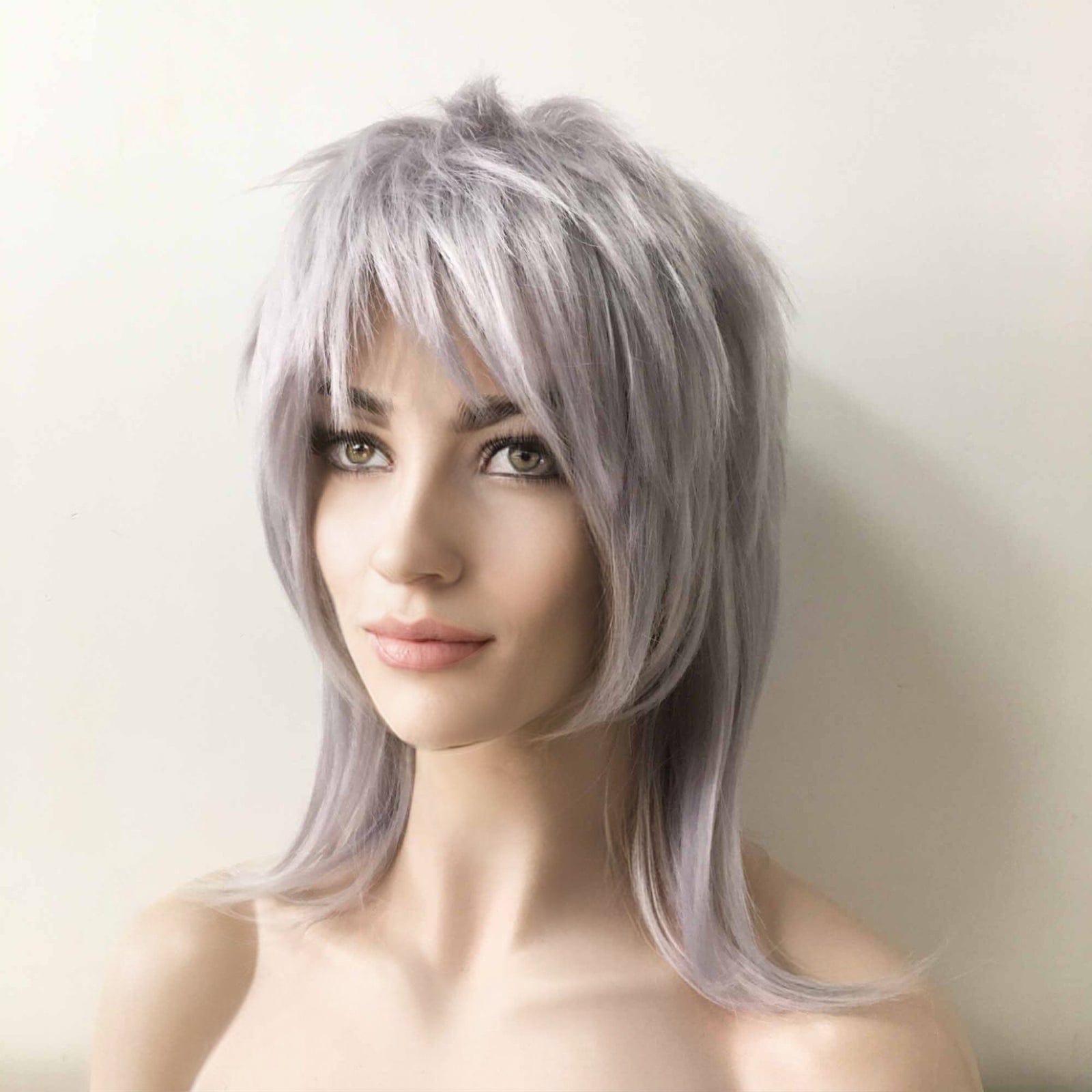 nevermindyrhead Women Gray Medium-Length Straight Fringe Bangs Punk Mullet Cosplay Wig