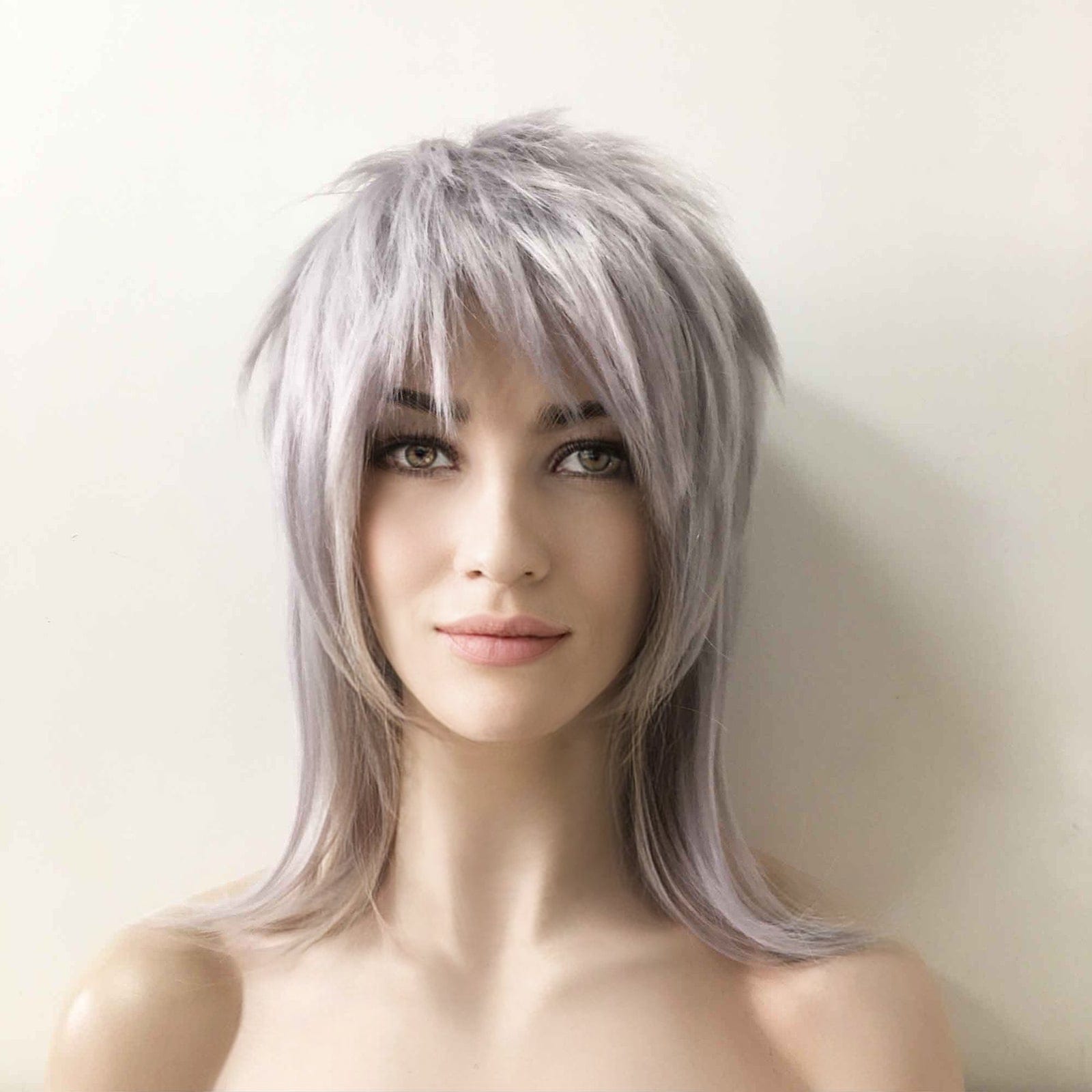 nevermindyrhead Women Gray Medium-Length Straight Fringe Bangs Punk Mullet Cosplay Wig