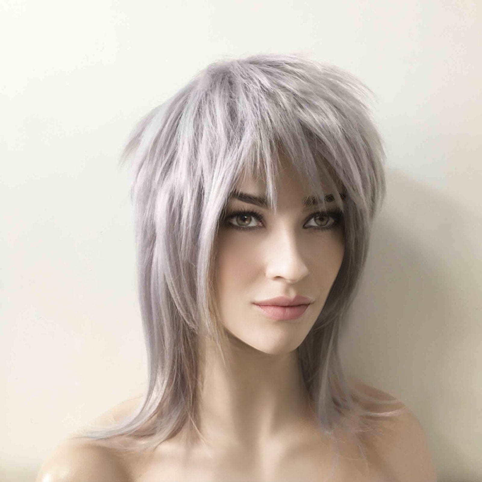 nevermindyrhead Women Gray Medium-Length Straight Fringe Bangs Punk Mullet Cosplay Wig