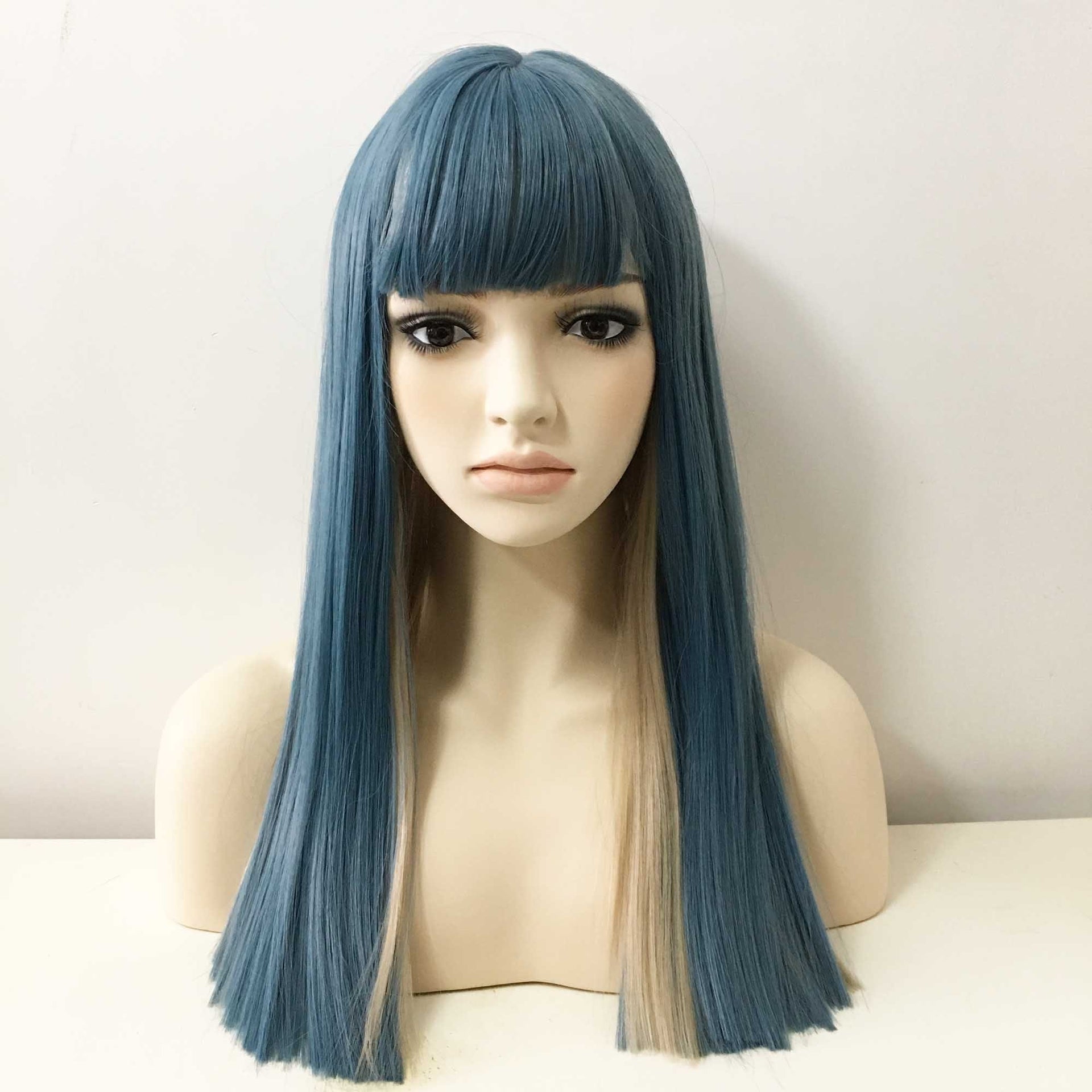 nevermindyrhead Women Grayish Blue Two Tone Long Straight Thick Bangs Wig