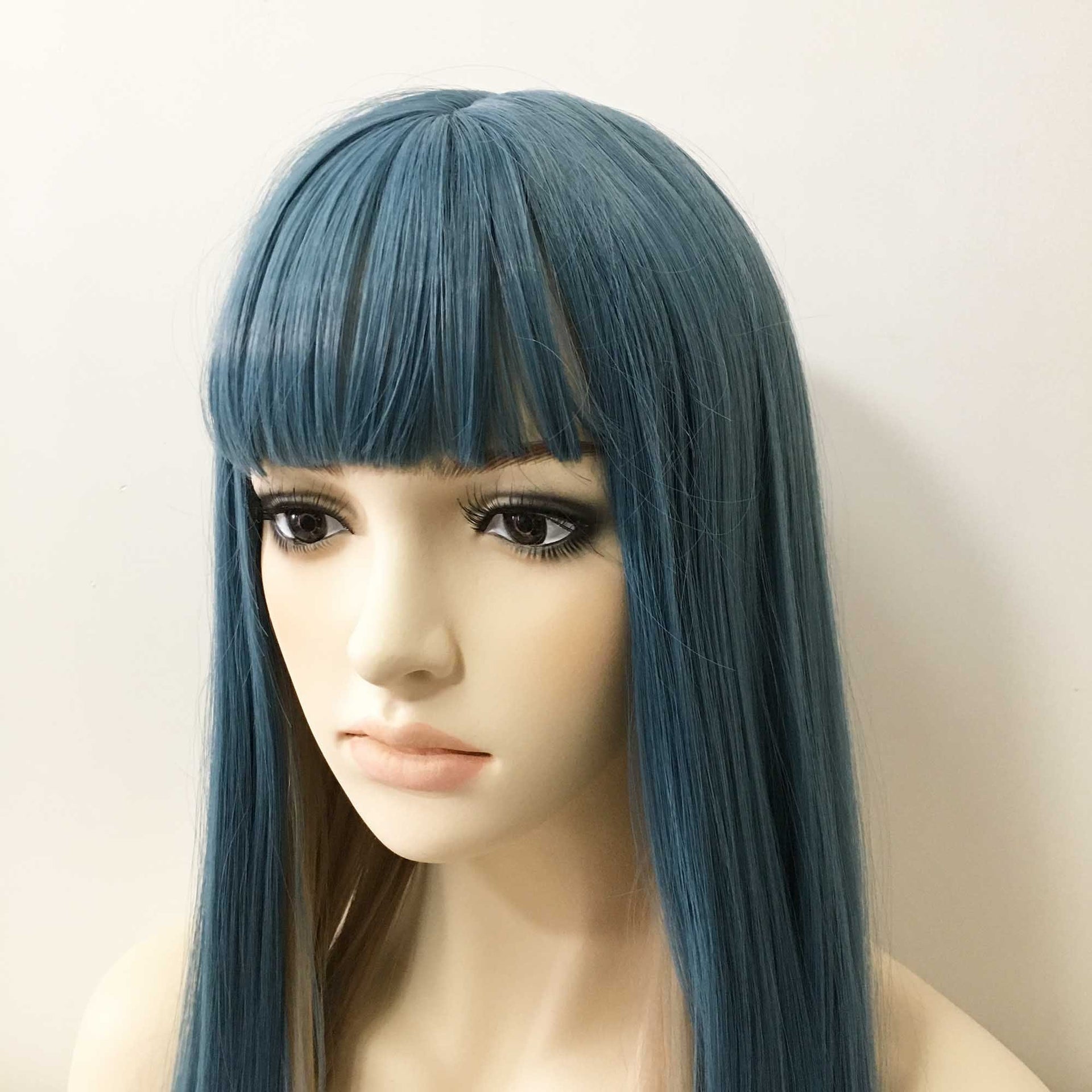 nevermindyrhead Women Grayish Blue Two Tone Long Straight Thick Bangs Wig