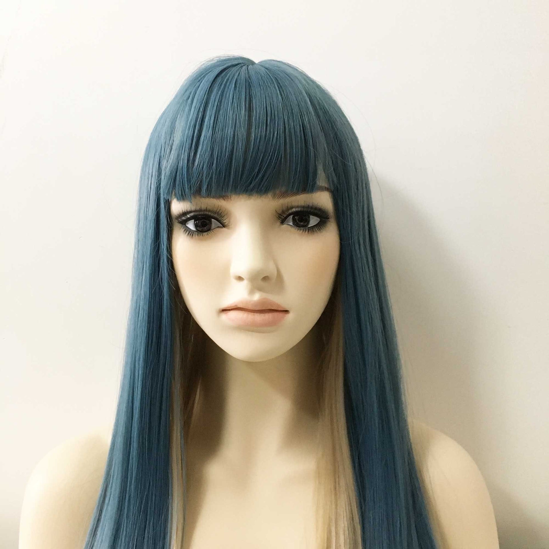 nevermindyrhead Women Grayish Blue Two Tone Long Straight Thick Bangs Wig