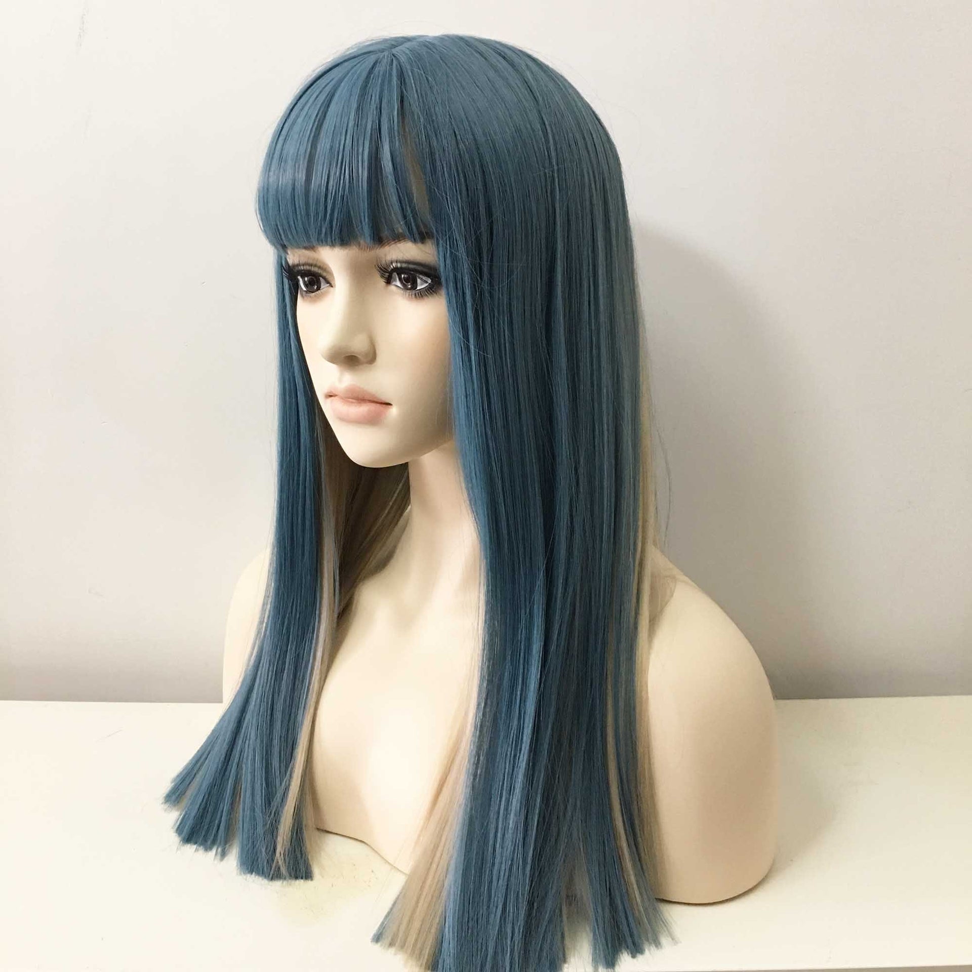 nevermindyrhead Women Grayish Blue Two Tone Long Straight Thick Bangs Wig