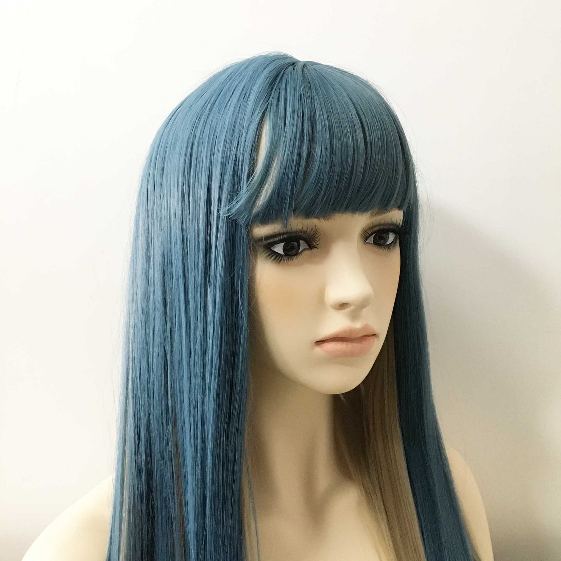 nevermindyrhead Women Grayish Blue Two Tone Long Straight Thick Bangs Wig