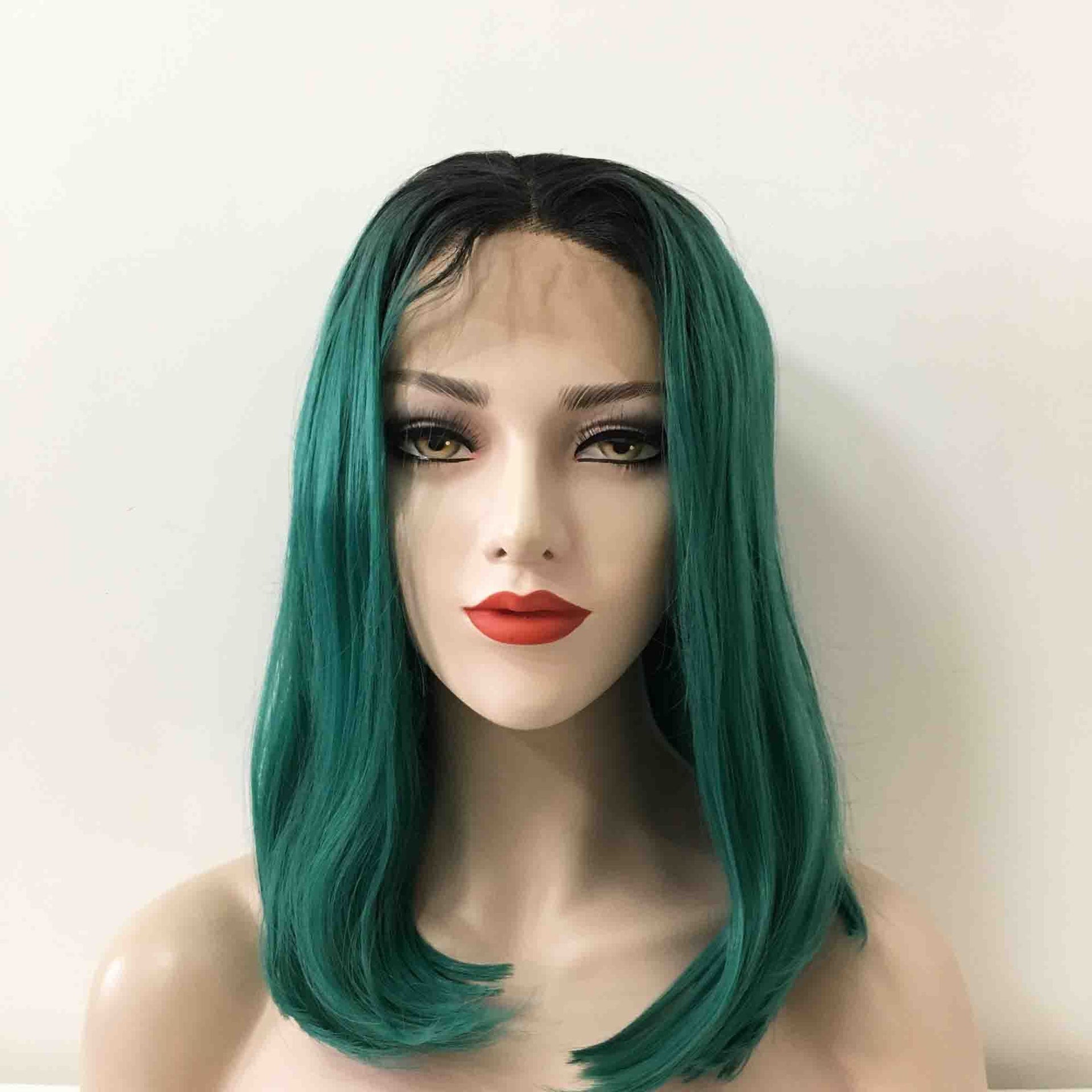 nevermindyrhead Women Green Dark Root Lace Front Medium Length Straight Middle Part Wig