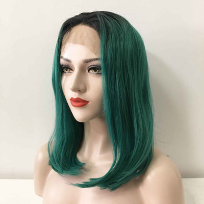 Women Green Dark Root Lace Front Medium Length Straight Middle Part Wig