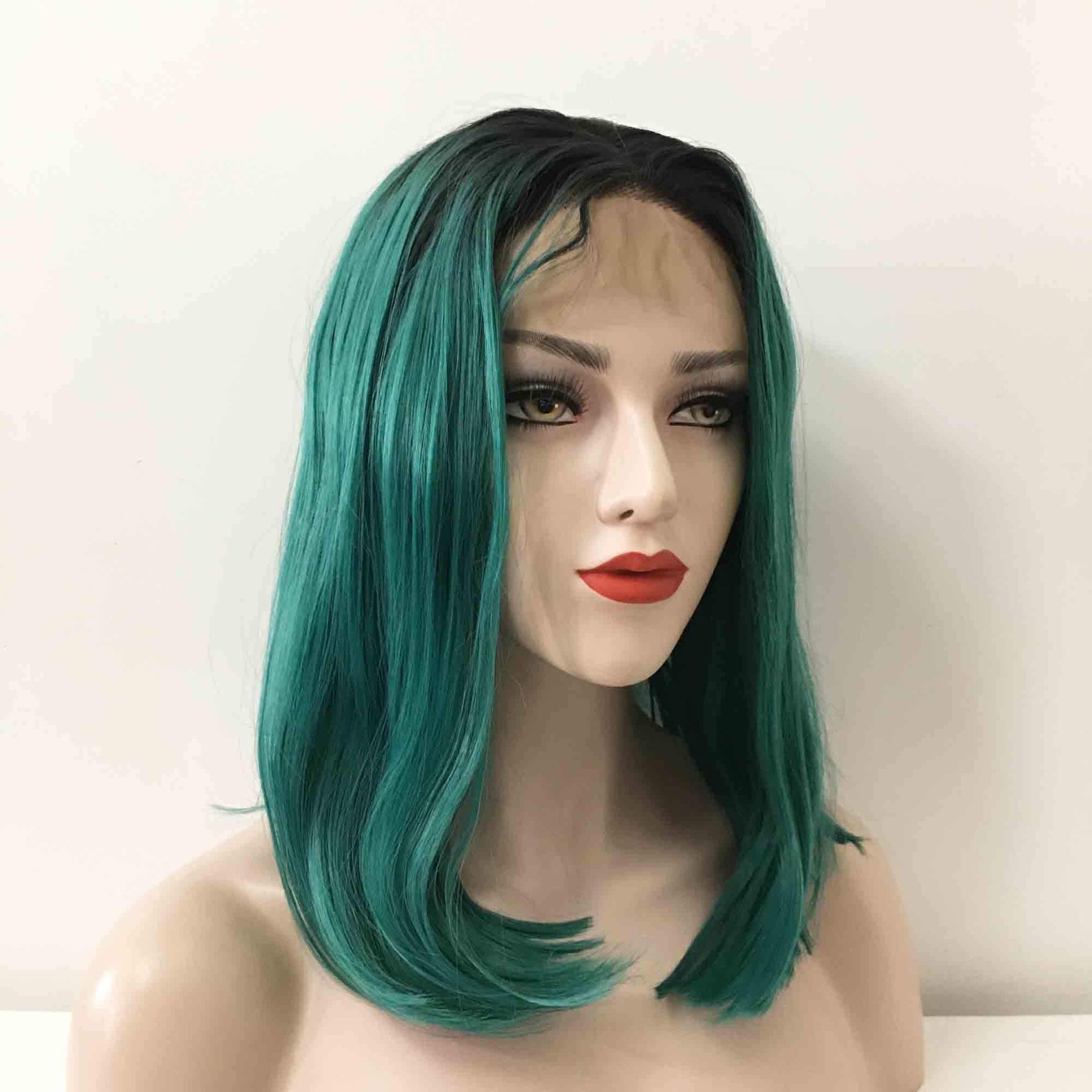 nevermindyrhead Women Green Dark Root Lace Front Medium Length Straight Middle Part Wig