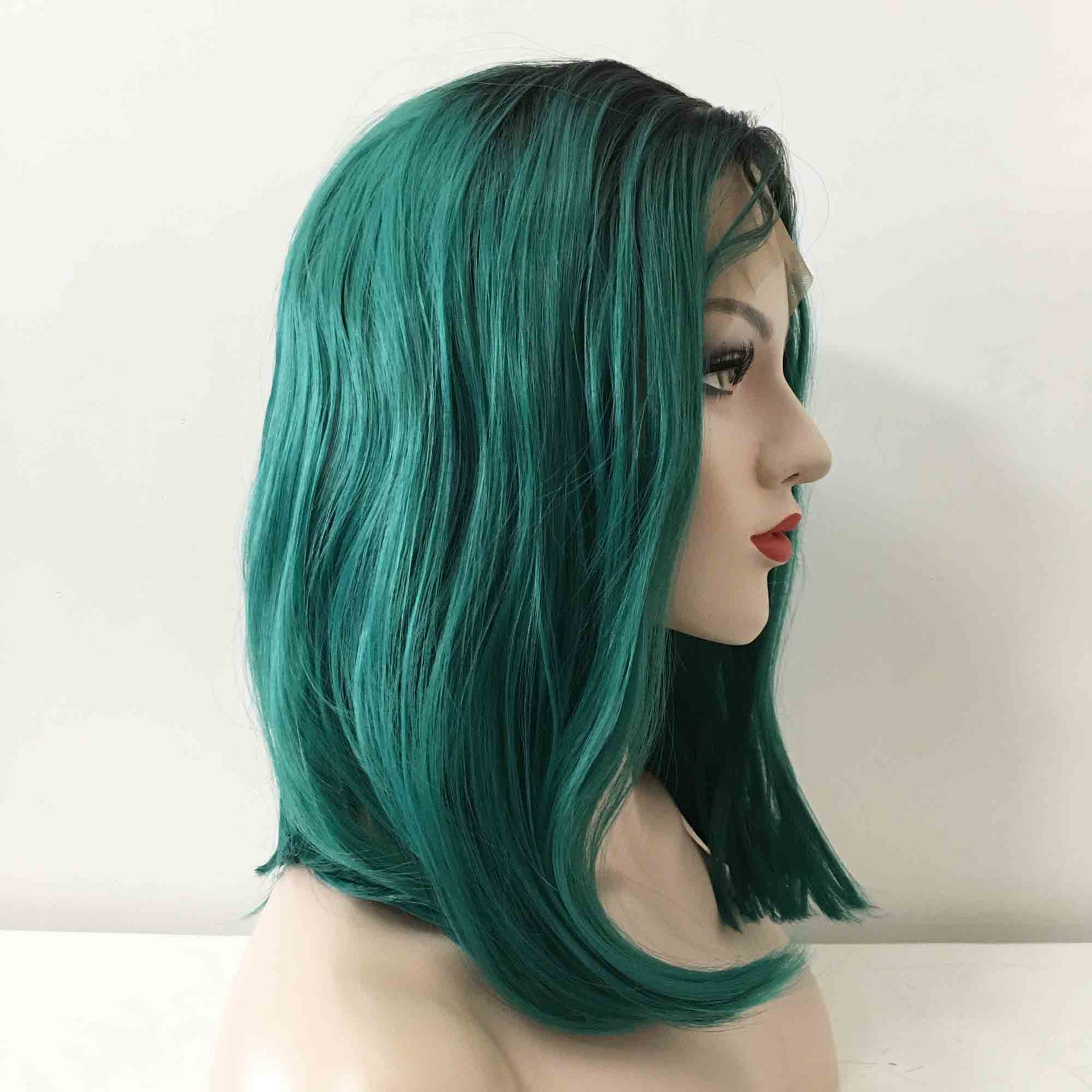 nevermindyrhead Women Green Dark Root Lace Front Medium Length Straight Middle Part Wig