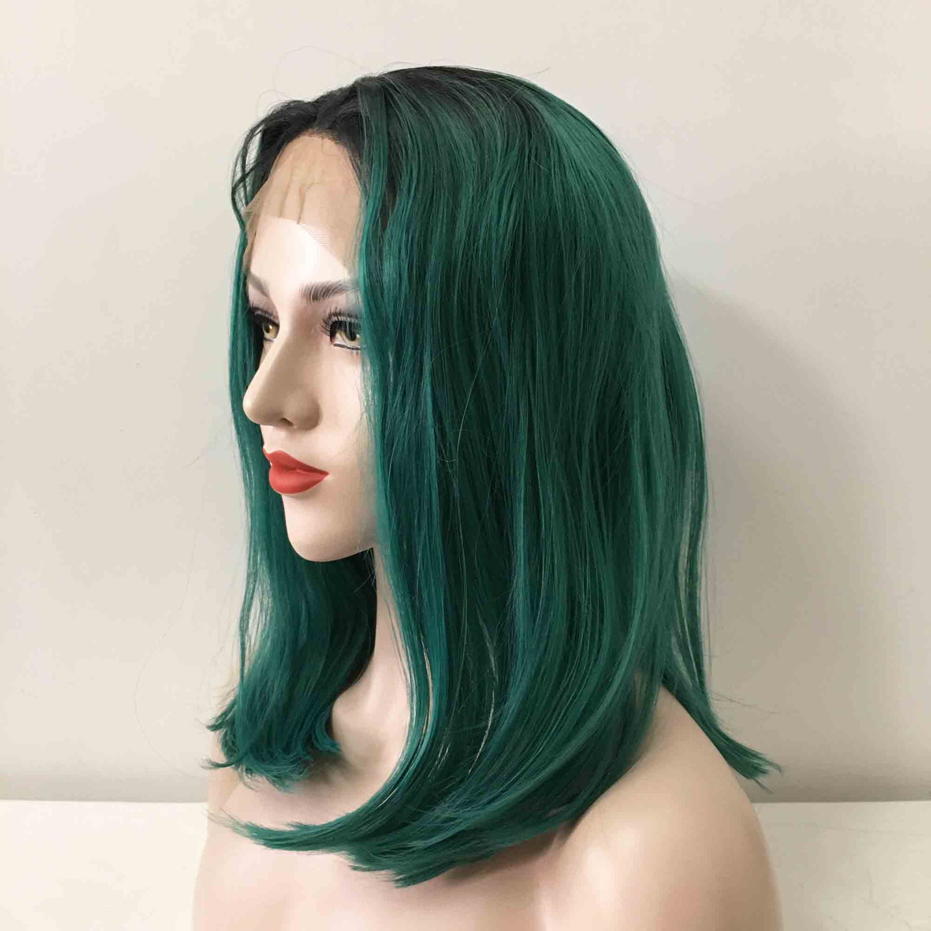 nevermindyrhead Women Green Dark Root Lace Front Medium Length Straight Middle Part Wig