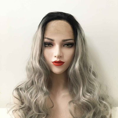 Women Gray Dark Root Lace Front Long Curly Slicked Back Wig