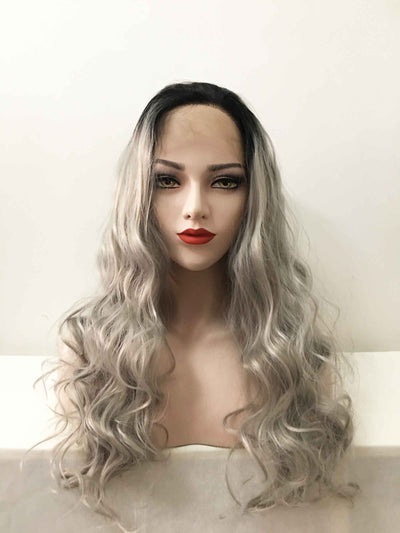 Women Gray Dark Root Lace Front Long Curly Slicked Back Wig