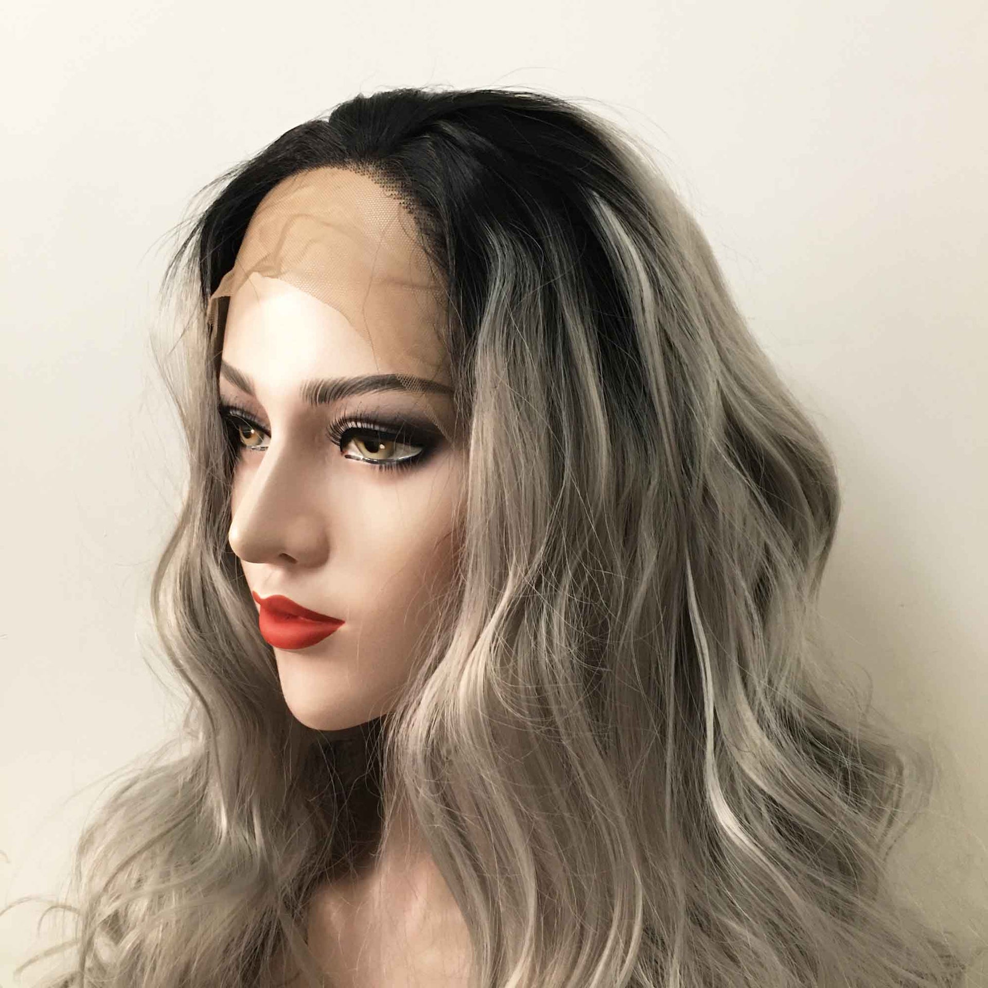 nevermindyrhead Women Grey Dark Root Lace Front Long Curly Slicked Back Wig