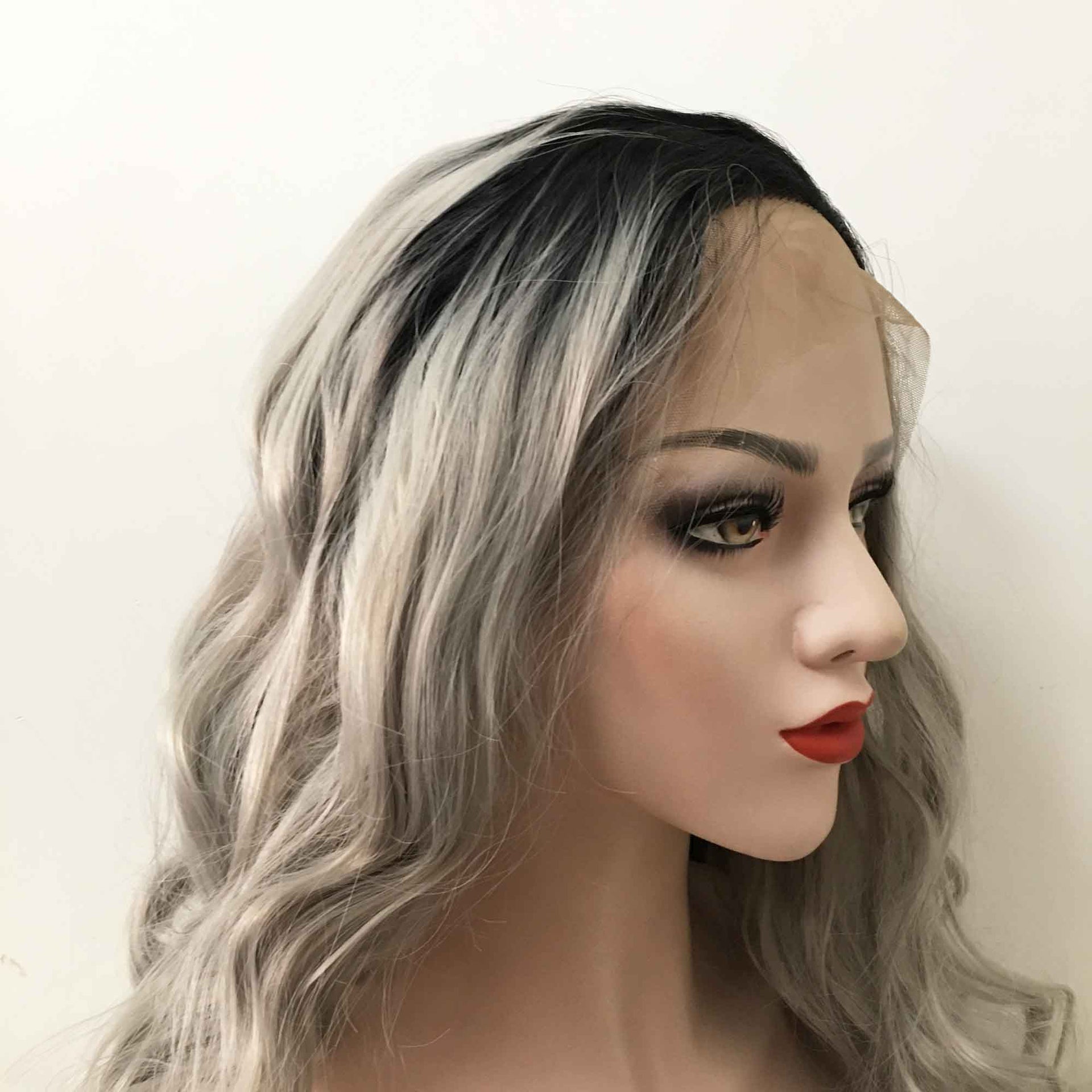 nevermindyrhead Women Grey Dark Root Lace Front Long Curly Slicked Back Wig