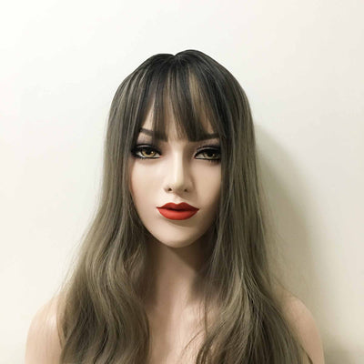 Women Gray Dark Root Long Curly Fringe Bangs Wig