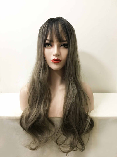 Women Gray Dark Root Long Curly Fringe Bangs Wig