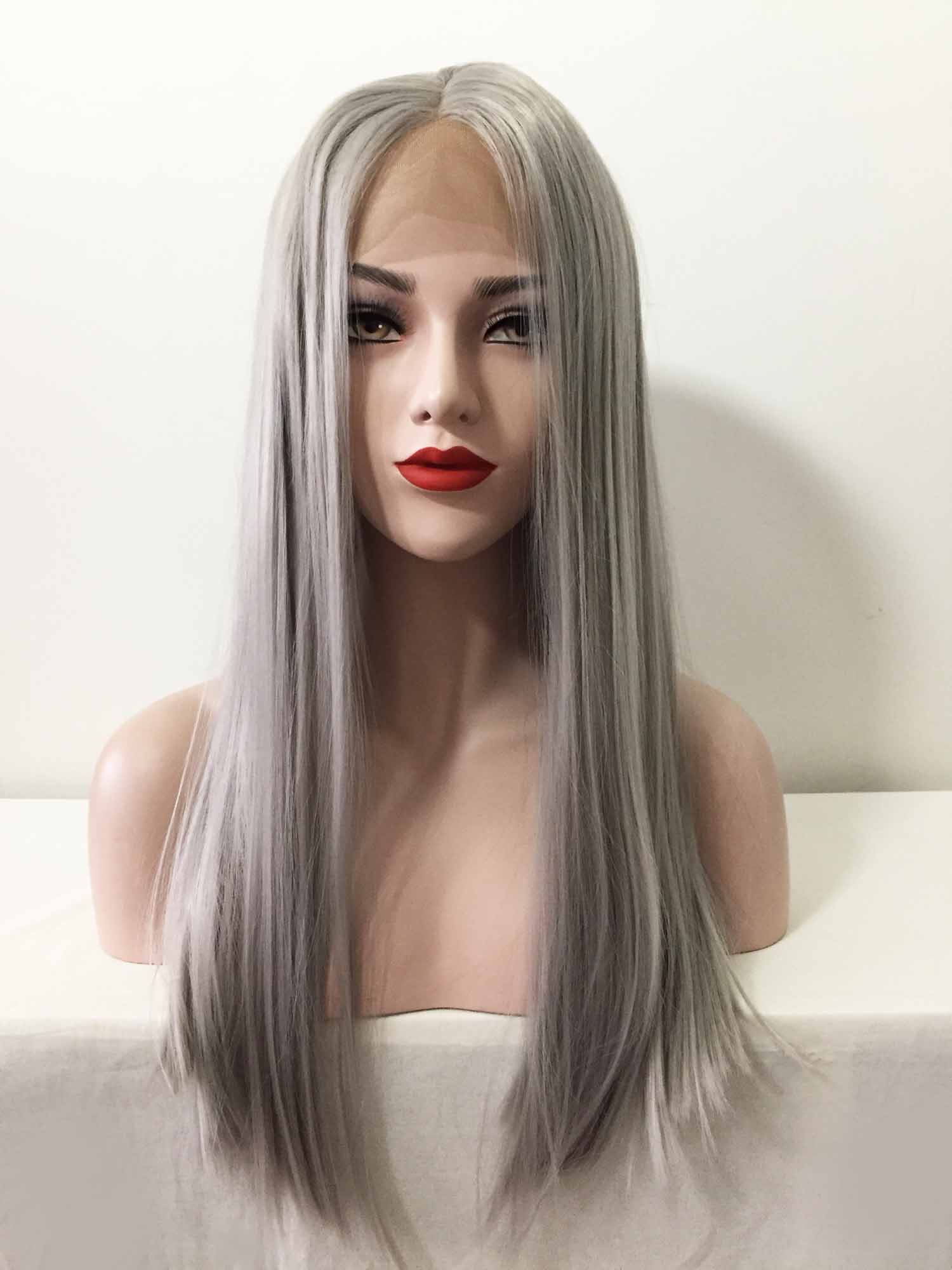 nevermindyrhead Women Grey Lace Front Middle Part Long Straight Choppy End Wig 20inches