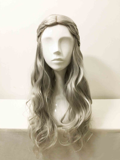 Women Gray Long Curly Princess Style Braided Middle Part Cosplay Wig