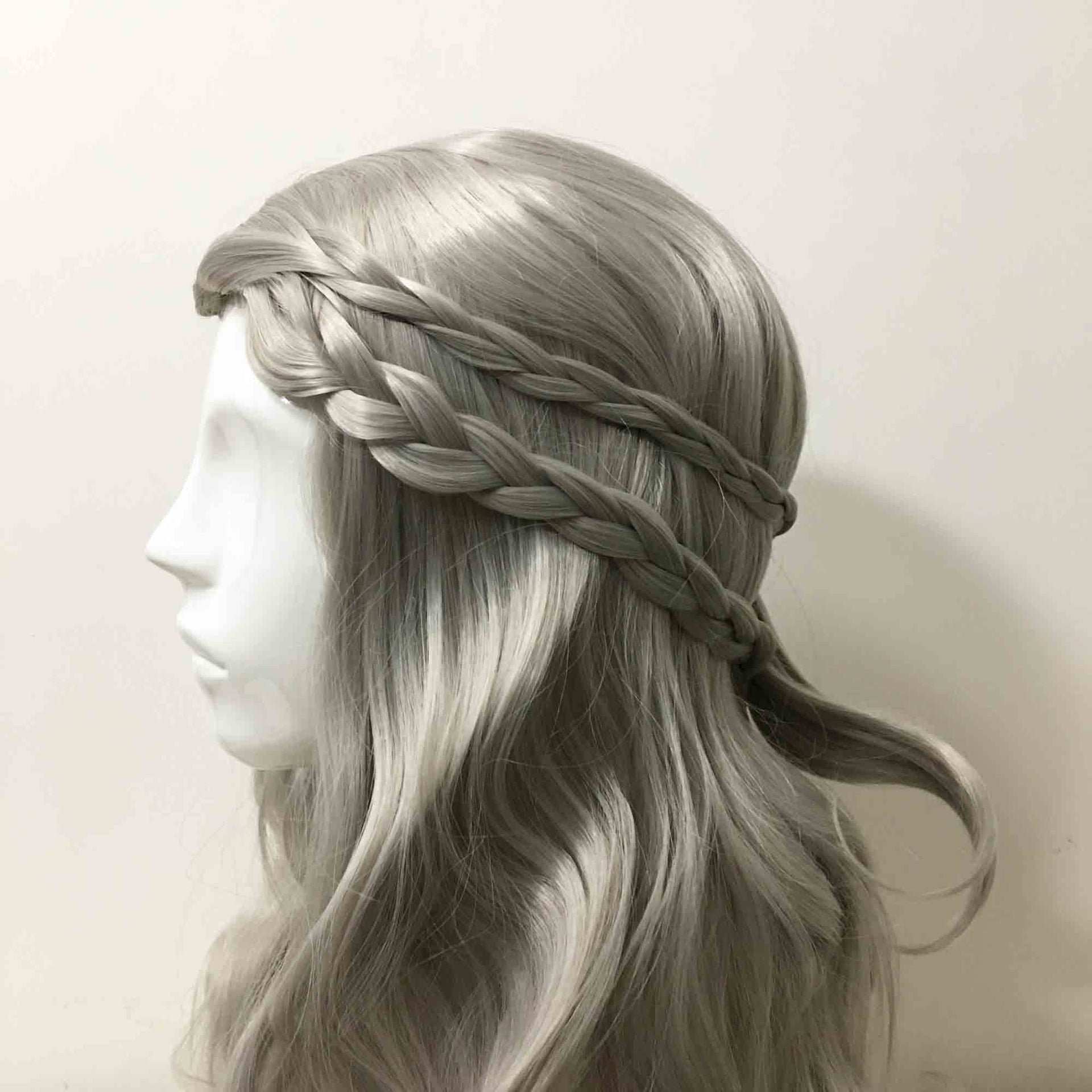 nevermindyrhead Women Gray Long Curly Princess Style Braided Middle Part Cosplay Wig