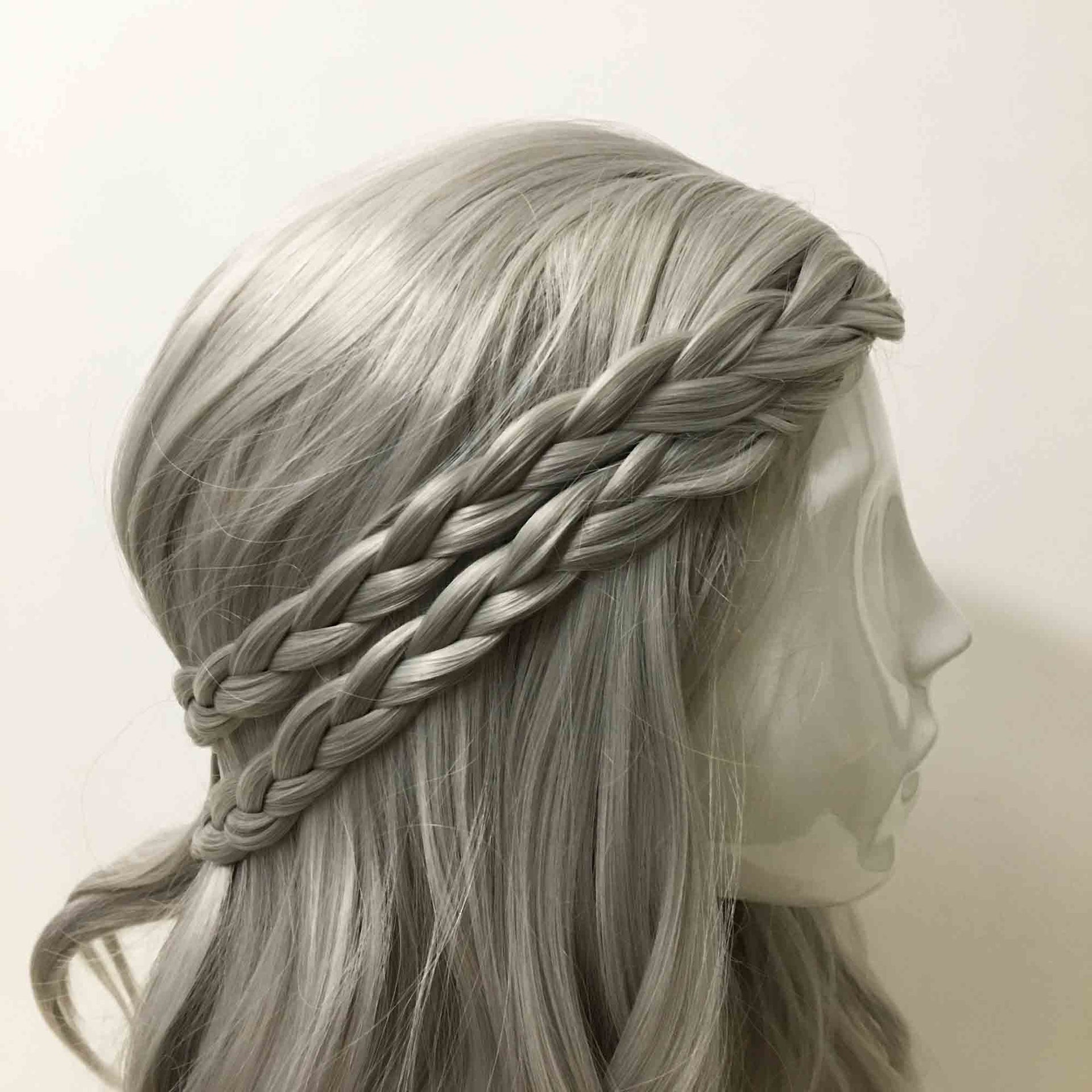 nevermindyrhead Women Gray Long Curly Princess Style Braided Middle Part Cosplay Wig