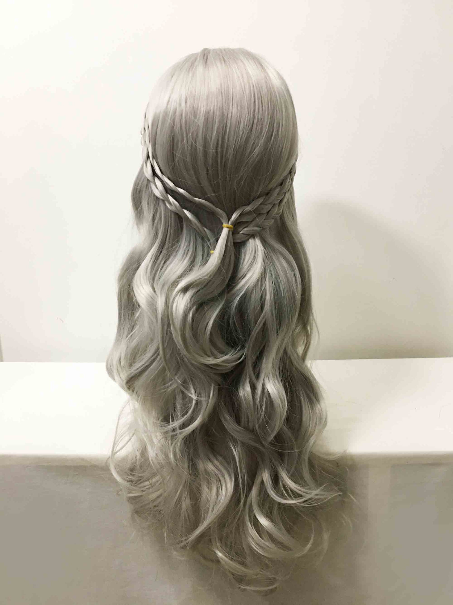 nevermindyrhead Women Gray Long Curly Princess Style Braided Middle Part Cosplay Wig