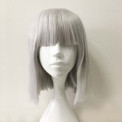 Women Gray Medium Length Straight Bob Blunt Bangs Cosplay Wig