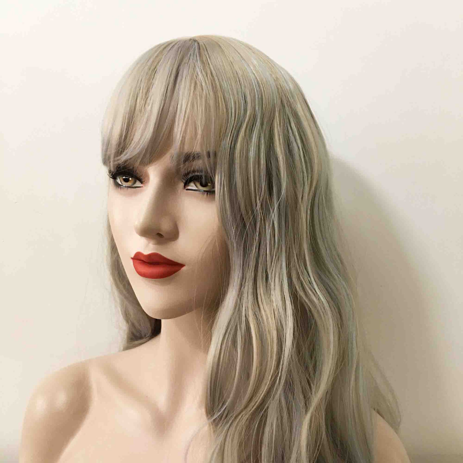 nevermindyrhead Women Grey Ombre Blue Long Curly Fringe Bangs Wig