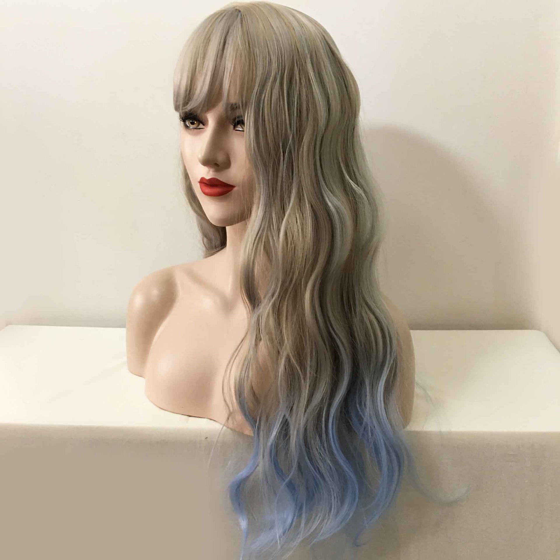 nevermindyrhead Women Grey Ombre Blue Long Curly Fringe Bangs Wig