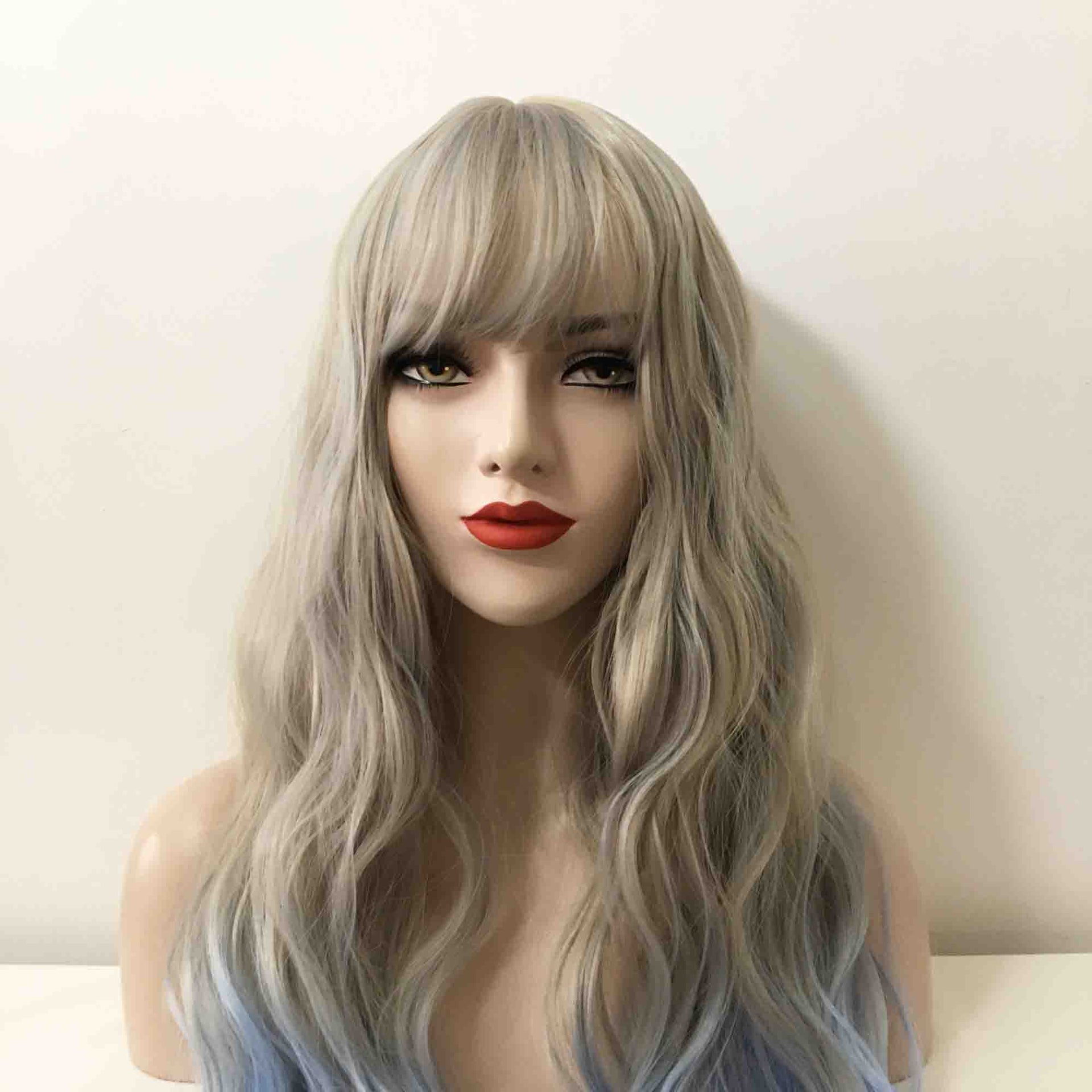 nevermindyrhead Women Grey Ombre Blue Long Curly Fringe Bangs Wig