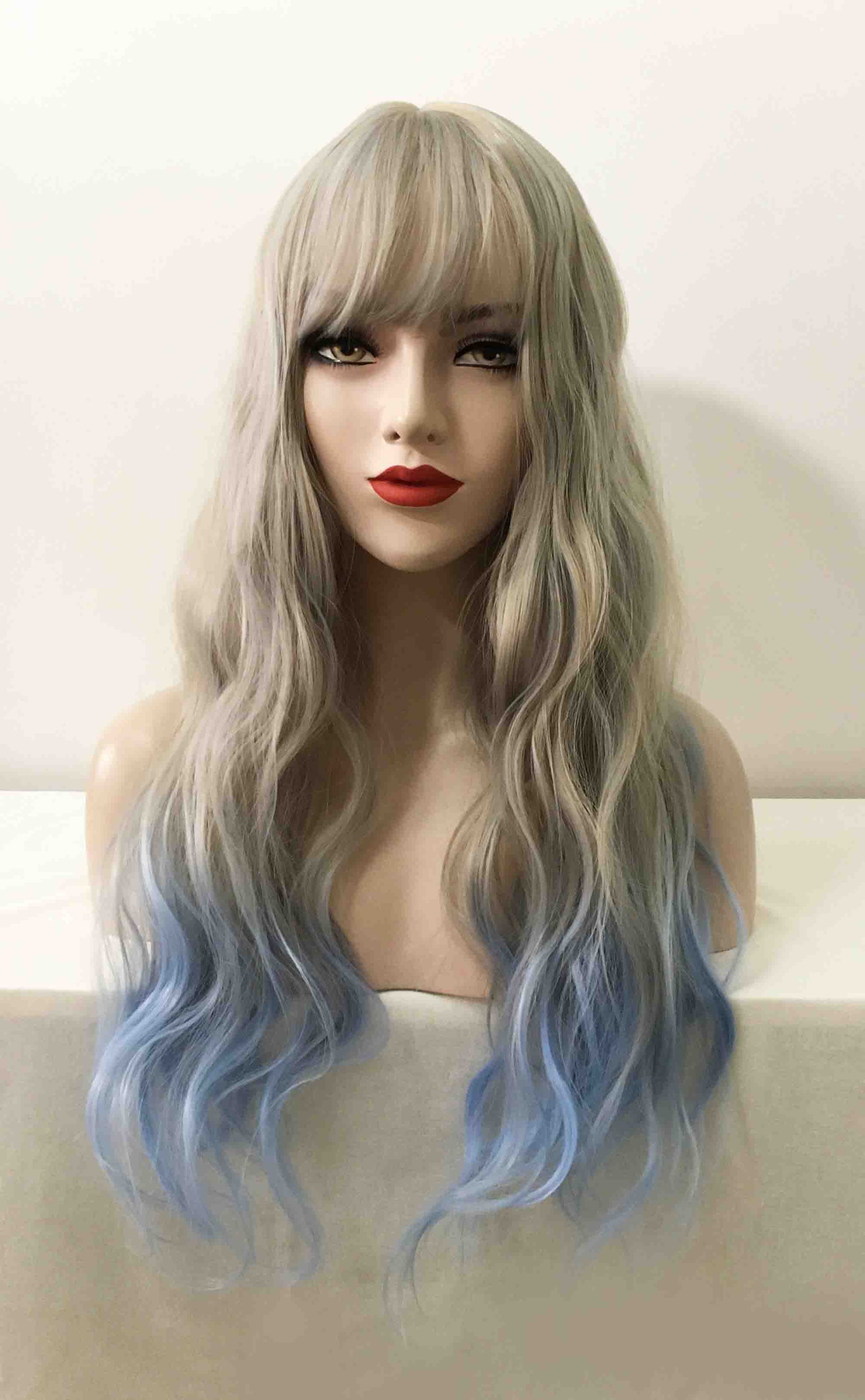 nevermindyrhead Women Grey Ombre Blue Long Curly Fringe Bangs Wig