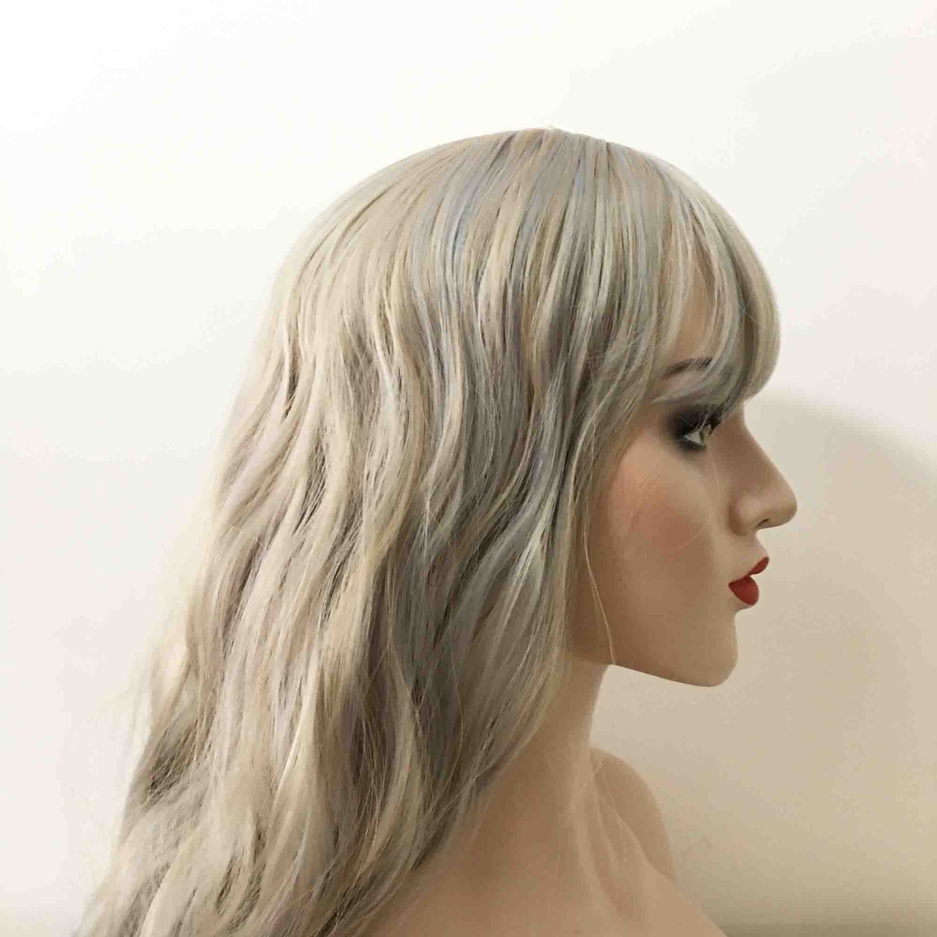 nevermindyrhead Women Grey Ombre Blue Long Curly Fringe Bangs Wig