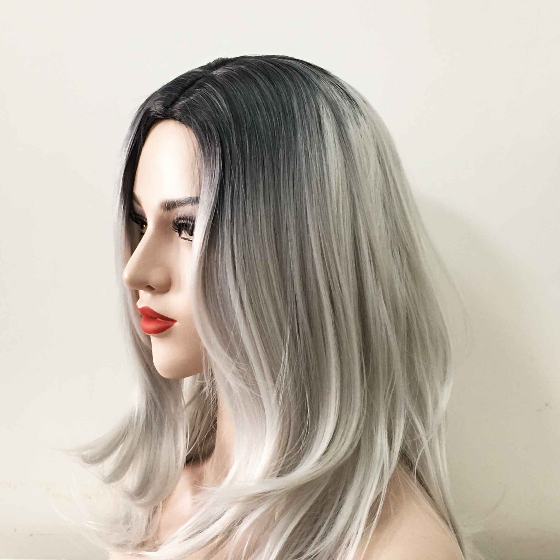 nevermindyrhead Women Grey Ombre Dark Root Long Straight Middle Part Wig