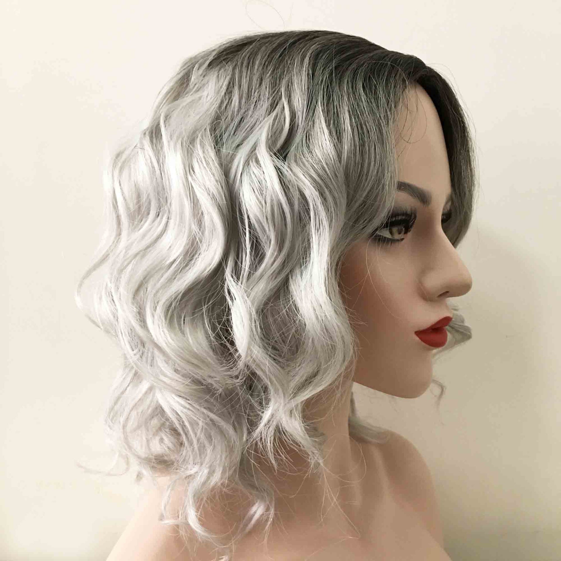 nevermindyrhead Women Grey Ombre Dark Root Short Curly Middle Part Wig